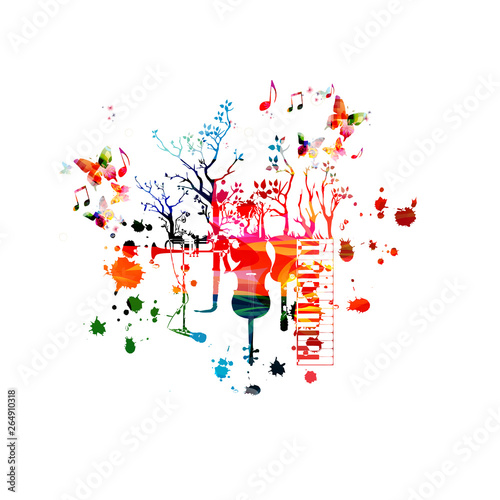 Dekoracja na wymiar  instrumenty-muzyczne-tlo-z-nutami-kolorowa-klawiatura-fortepianowa-gitara-wiolonczela