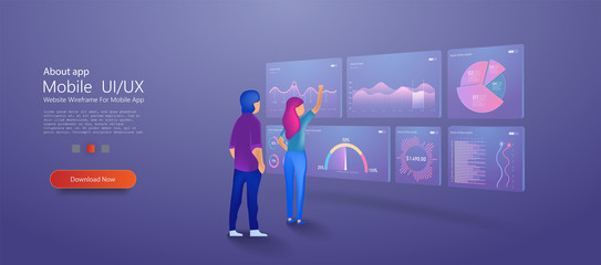 People work in a team and interact with graphs. Business, workflow management . Modern data analysis landing. Financial review with  and infographic elements. Vector illustration