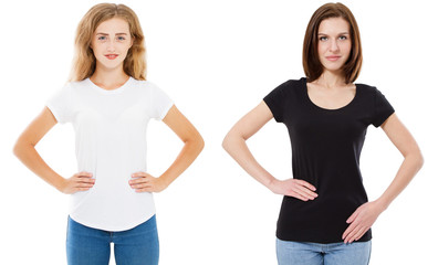 Sticker - Woman in black and white t-shirt mock up, girl in tshirt isolated on white background, stylish tshirt - T-shirt design and people concept.