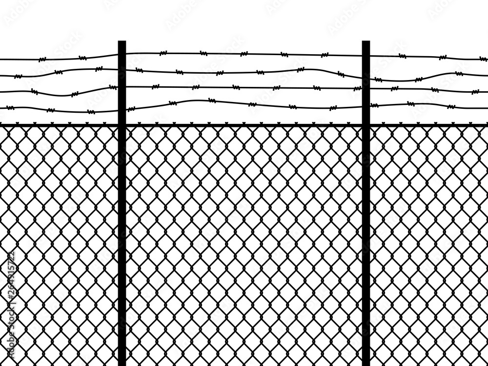 Prison fence. Seamless pattern metal fence wire military wall linkage barbed border security perimeter grid vector black texture - obrazy, fototapety, plakaty 