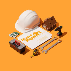 Wall Mural - Home repair professional service with business cards, isometric tools and equipment