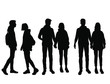 Vector silhouettes of man and a woman, a couple of standing ahd walking business people with backpack, black color isolated on white background