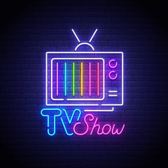 Canvas Print - TV Show neon sign, bright signboard, light banner. Retro TV neon, emblem. Vector illustration