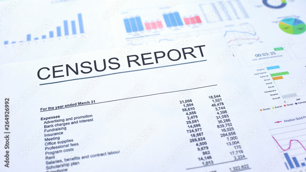 Census report lying on table, graphs charts and diagrams, official ...