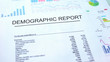 Demographic report lying on table, graphs charts and diagrams, official document