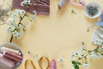 Wall Mural - image of pink fabric and sewing tools, top view