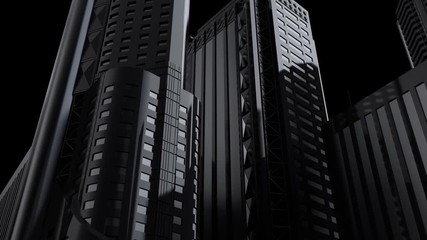 Poster - camera is panning up around abstract skyscrapers with reflective surfaces. simple building forms wit