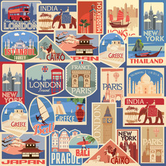 set of travel retro labels and cards. different countries and cities. vector color graphics