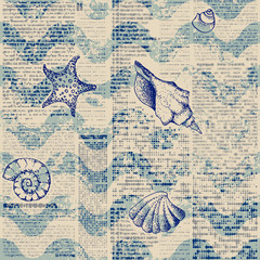 Poster - Blue grunge waves pattern and hand draw in marine style.