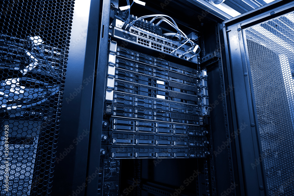 Blade server in rack cluster hard drives storage in internet data ...