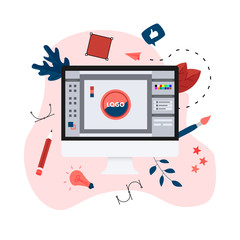 Aufkleber - flat vector graphic design concept with computer designer with an open design application with a cre