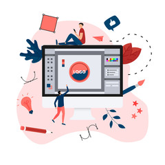 Aufkleber - flat vector graphic design concept with computer designer with an open design application with a cre