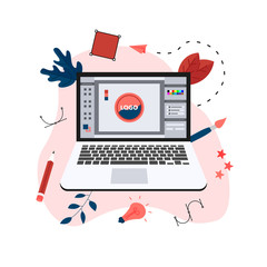 Aufkleber - flat vector graphic design concept with computer designer with an open design application with a cre