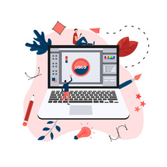 Poster - Flat vector graphic design concept with computer designer with an open design application with a creative project	