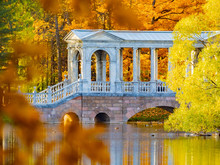 Russia. Saint-Petersburg.  White Bridge Gallery In Pushkin. Catherine Park. Golden Autumn In Pushkin. Tsarskoe Selo. Autumn Landscapes Of Russia. Bridges In St. Petersburg.