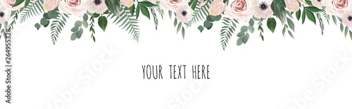 Horisontal botanical  design banner. Pink rose, eucalyptus, succulents, flowe...