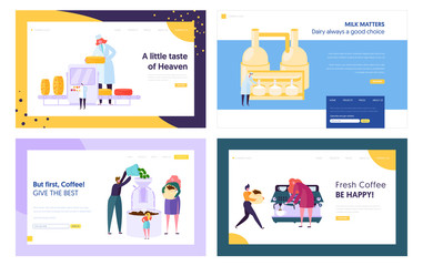 Poster - cheese and milk products manufacture, frying and making coffee website landing page templates set. d