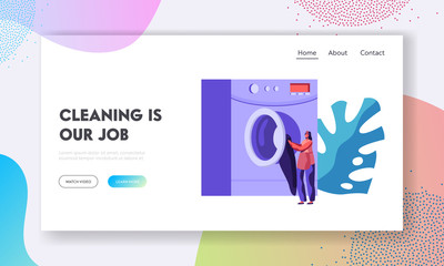 Wall Mural - worker or customer girl loading dirty clothes to laundromat machine in public laundry or launderette