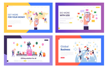 Poster - E-mail Service, Global Business, Gifts Purchasing Website Landing Page Templates Set. People Using Electronic Mail, Buying Presents, Expanding Biz Web Page. Cartoon Flat Vector Illustration, Banner