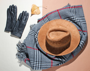 Wall Mural - Felt hat, gloves on the scarf on beige brown background. Top view