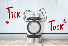 3d Rendering Of White Dynamite Stick Time Bomb On White Wooden Floor With Red TICK TOCK Sign Above And Red Line On White Wall Background.