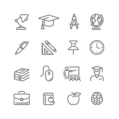 Education related icons: thin vector icon set, black and white kit