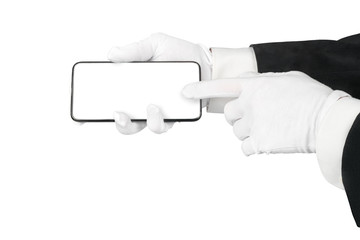 Man hands in suit and white gloves using smart phone isolated with clipping path