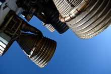 Massive Powerful Booster Rocket Engines, Space Exploration, Blue Sky Background