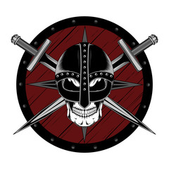 Sticker - Skull in a helmet with swords and shield. Vector image on white background.