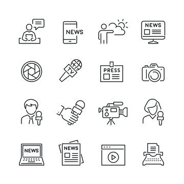 mass media related icons: thin vector icon set, black and white kit