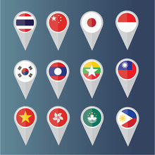 Navigation Marker With Flag-set. In This Set Icons Consist Of Thailand, China, Japan, Indonesia, Korea, Laos, Myanmar, Republic Of China(Taiwan), Vietnam, Hongkong, Macau And Philippine.