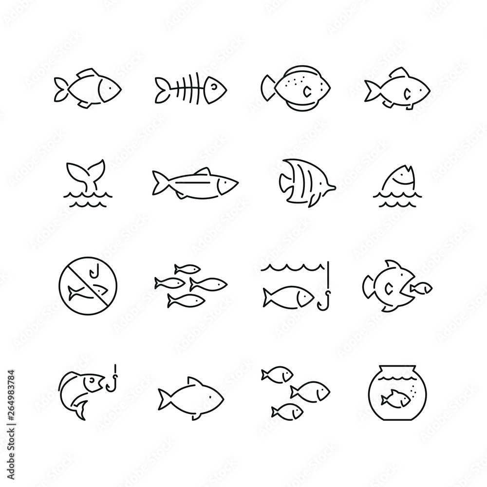 Fish related icons: thin vector icon set, black and white kit - obrazy, fototapety, plakaty 