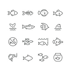 fish related icons: thin vector icon set, black and white kit