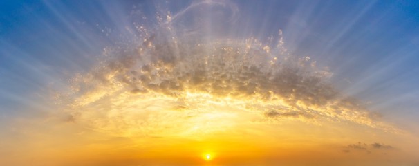 Golden hour sky and clouds with sunrise, panorama nature background