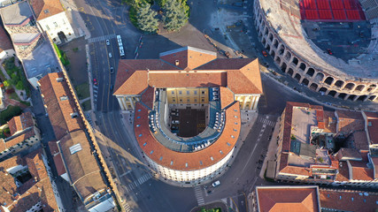  Aerial drone photo from iconic Arena and City Hall in Bra square of beautiful city of Verona, Veneto, Italy