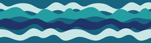 Abstract Ocean Waves Seamless Border In Blue And Turquoise. Lively Irregular Horizontal Wavy Shapes Overlap To Create A Beautiful Repeat Vector. Great For Textiles, Home Decor, And Graphic Design.