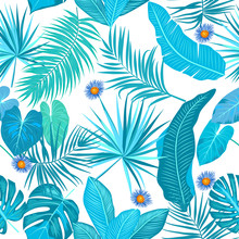 Tropical Vector Seamless Pattern, Blue Branches On White Background.