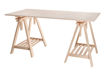 Poster - work table, wooden plywood shelf on two trestles, isolated on white background, 3d rendering image