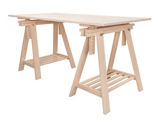 Poster - work table, wooden plywood shelf on two trestles, isolated on white background, 3d rendering image