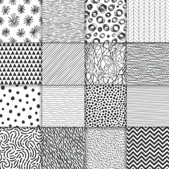 Wall Mural - abstract hand drawn geometric simple minimalistic seamless patterns set. polka dot, stripes, waves, 