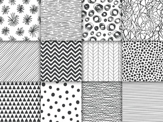 Wall Mural - abstract hand drawn geometric simple minimalistic seamless patterns set. polka dot, stripes, waves, 