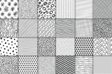 Abstract hand drawn geometric simple minimalistic seamless patterns set. Polka dot, stripes, waves, random symbols textures. Vector illustration