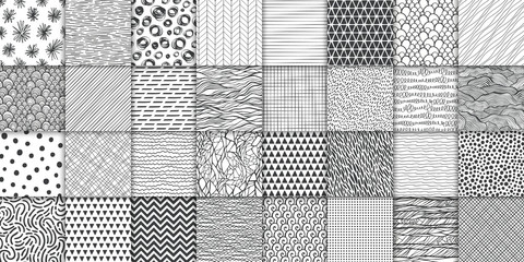 abstract hand drawn geometric simple minimalistic seamless patterns set. polka dot, stripes, waves, 