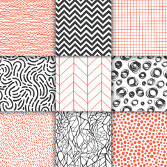 Wall Mural - Abstract hand drawn geometric simple minimalistic seamless patterns set. Polka dot, stripes, waves, random symbols textures. Vector illustration