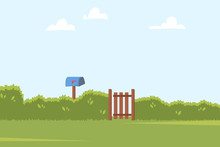 Summer Landscape With Green Bushes Fence, Wooden Side Gate And Post Box. Home Backyard Background. Vector Illustration