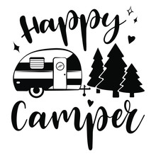 Happy Camper Vector Download.  Mobile Recreation. Happy Camper Trailer In Sketch Silhouette Style.