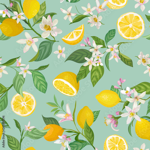 Tela Seamless Lemon pattern with tropic fruits, leaves, flowers background