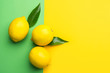 Bright ripe organic lemons on contrast duotone background from combination of yellow green. Creative food. Summer beverage refreshment ingredients. Tropical fruits organic cosmetics spa wellness