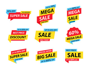 Sale tags collection. Special offer, big sale, discount, best price, mega sale banner set. Shop or online shopping. Sticker, badge, coupon, store. Vector Illustration.