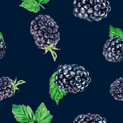 Wall Mural - Watercolor hand drawn blackberry isolated seamless pattern.